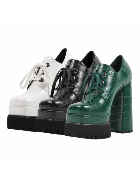 Double Platform Leather Patterned Lace Up Pumps