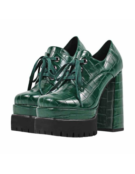 Double Platform Leather Patterned Lace Up Pumps