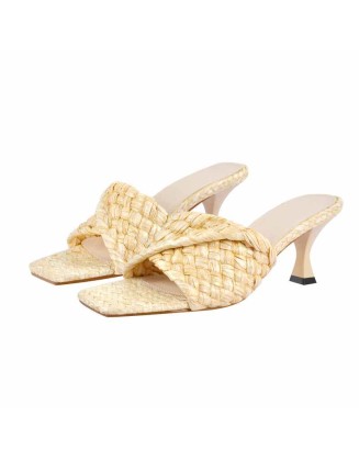 Woven Straw  Kitten Heels Sandals
