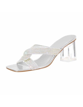 Rhinestone Strap Clear Block Sandals Mules