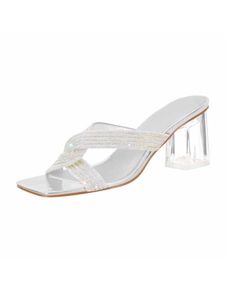 Rhinestone Strap Clear Block Sandals Mules