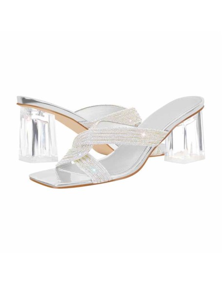 Rhinestone Strap Clear Block Sandals Mules