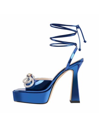 Rhinestone Bow Ankle Strap Platform Sandals