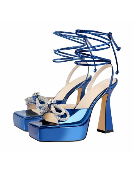 Rhinestone Bow Ankle Strap Platform Sandals