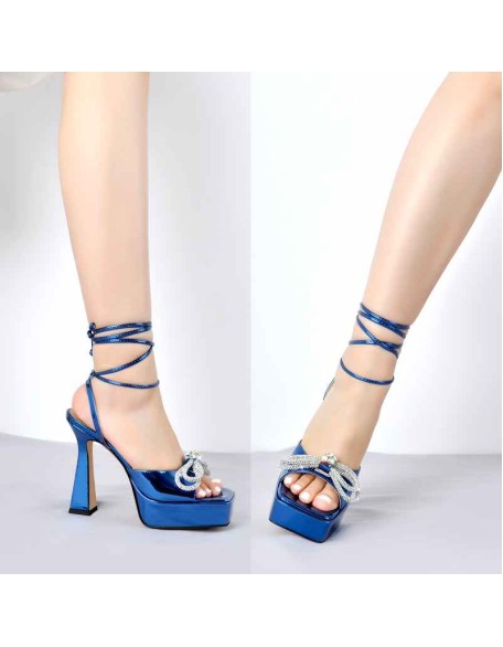 Rhinestone Bow Ankle Strap Platform Sandals
