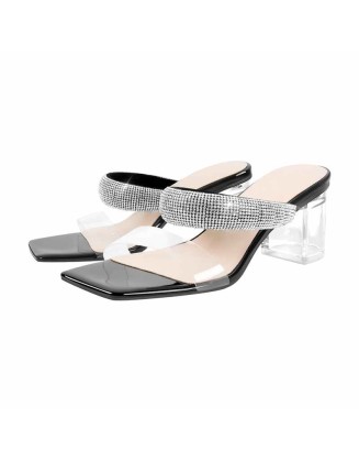 Clear Mid Block Heels Sliders Diamante Sandals