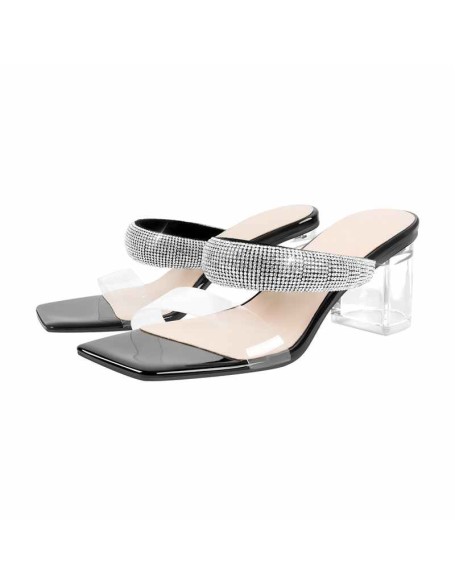 Clear Mid Block Heels Sliders Diamante Sandals