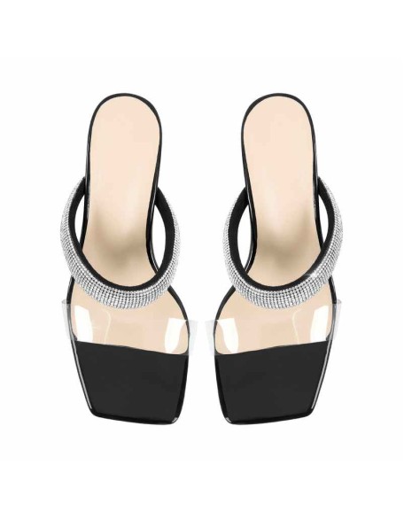 Clear Mid Block Heels Sliders Diamante Sandals