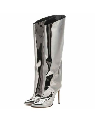 Metallic Leather Stiletto Knee High Boots