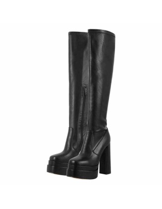 Platform Chunky Heels Black Knee High Boots
