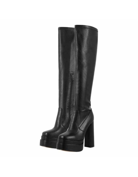 Platform Chunky Heels Black Knee High Boots