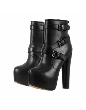 Round Toe Platform Chunky Buckle Zipper Ankle Boots