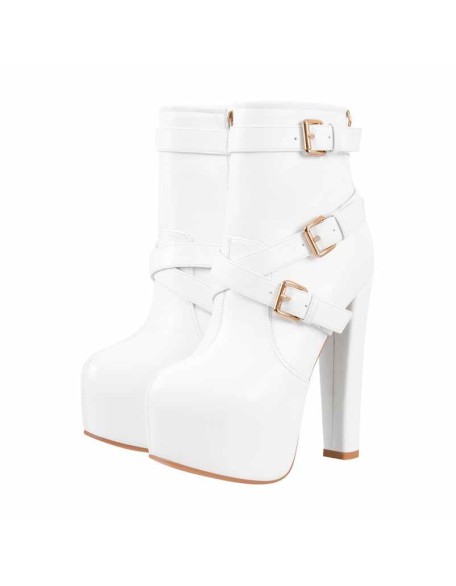 Round Toe Platform Chunky Buckle Zipper Ankle Boots