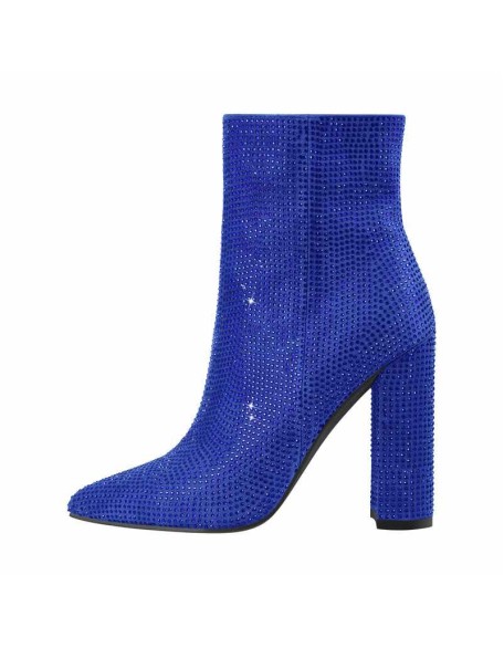 Pointed Toe Rhinestone Chunky Heel Ankle Boots