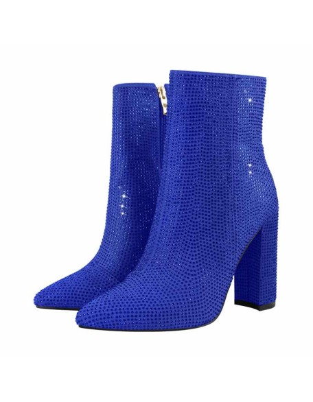 Pointed Toe Rhinestone Chunky Heel Ankle Boots