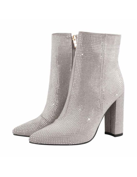 Pointed Toe Rhinestone Chunky Heel Ankle Boots