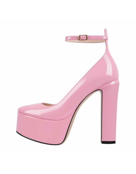 Platform Chunky Heel Ankle Strap Pink Pumps