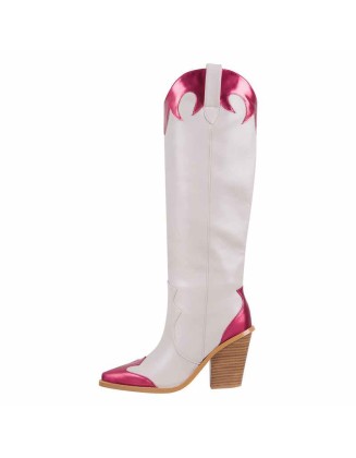 Pointed Toe Metallic Leather Trim Knee High Western Boots