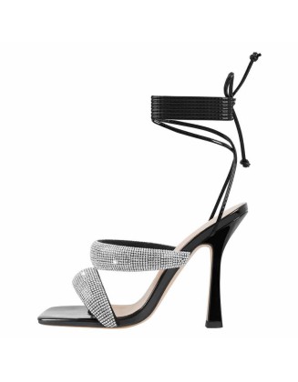 Rhinestone High Heel Lace up Strappy Sandals