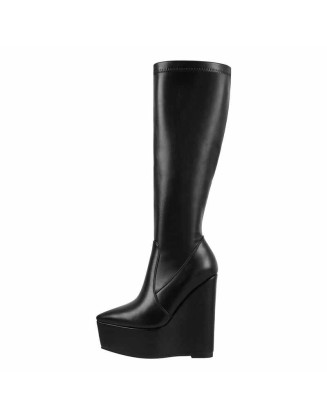 Pointed Toe Wedge Heel Zipper Thigh Knee High Boots