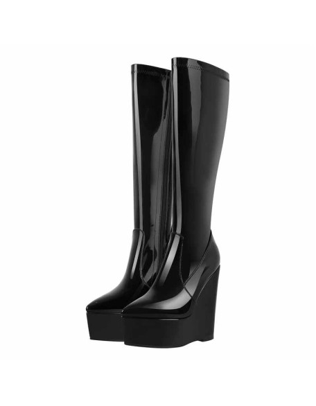 Pointed Toe Wedge Heel Zipper Thigh Knee High Boots
