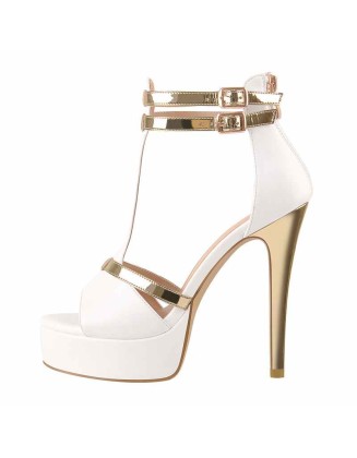 Gold T-Strap White Platform High Heel Pumps