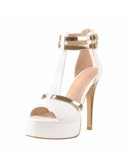 Gold T-Strap White Platform High Heel Pumps