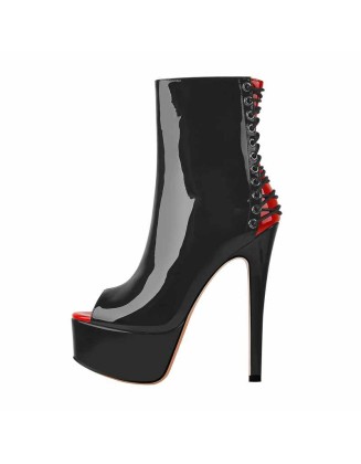 Red Peep Toe Patent Leather Zipper Ankle Boots