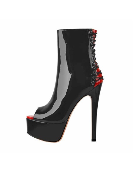 Red Peep Toe Patent Leather Zipper Ankle Boots