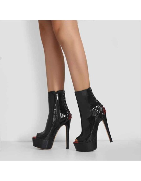 Red Peep Toe Patent Leather Zipper Ankle Boots