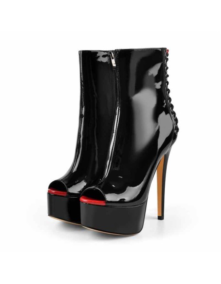 Red Peep Toe Patent Leather Zipper Ankle Boots