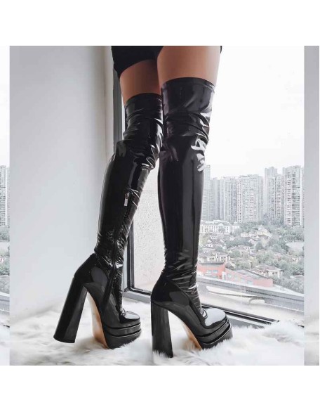 Patent Platform Chunky Knee High Thigh Boots