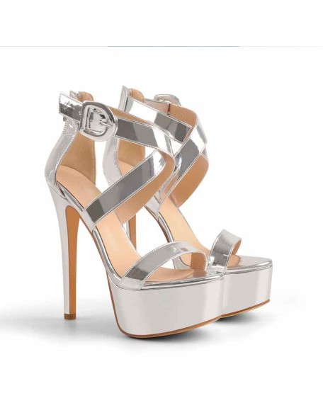 Silver Cross Criss Ankle Strap High Heel Sandals