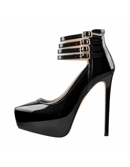 Quadruple Buckle Ankle Strap Patent High Heel Pumps