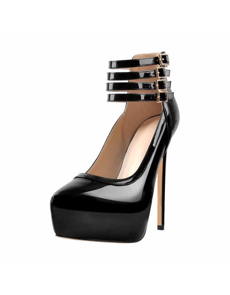 Quadruple Buckle Ankle Strap Patent High Heel Pumps