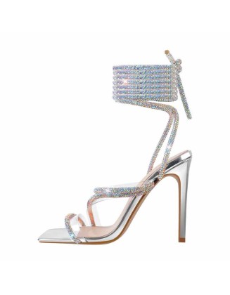 High Heel Lace up Rhinestone  Strappy Sandals