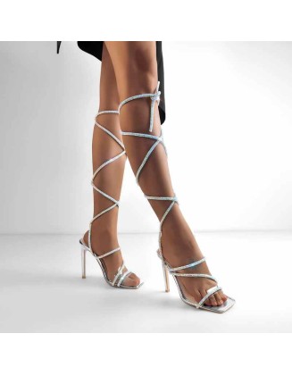 High Heel Lace up Rhinestone  Strappy Sandals