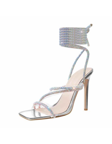 High Heel Lace up Rhinestone  Strappy Sandals
