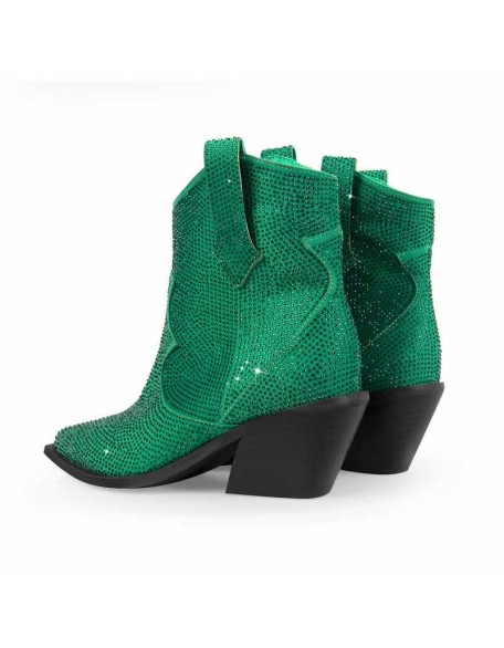 Rhinestone Pointed Toe Chunky Heels Ankle Boots