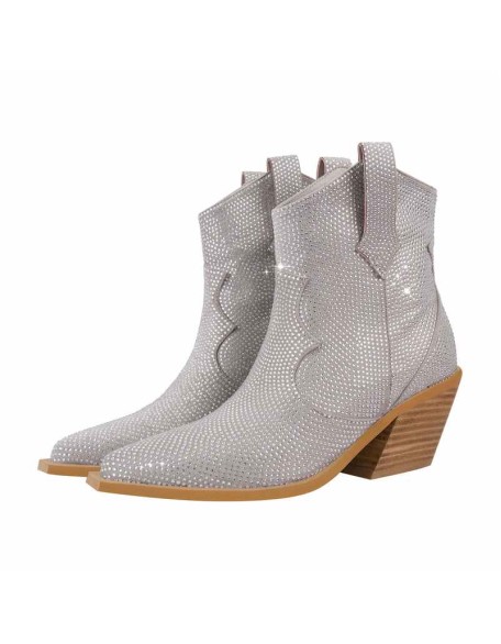 Rhinestone Pointed Toe Chunky Heels Ankle Boots