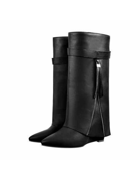 Pointed Toe Side Tassel Zipper Fold Over Boots