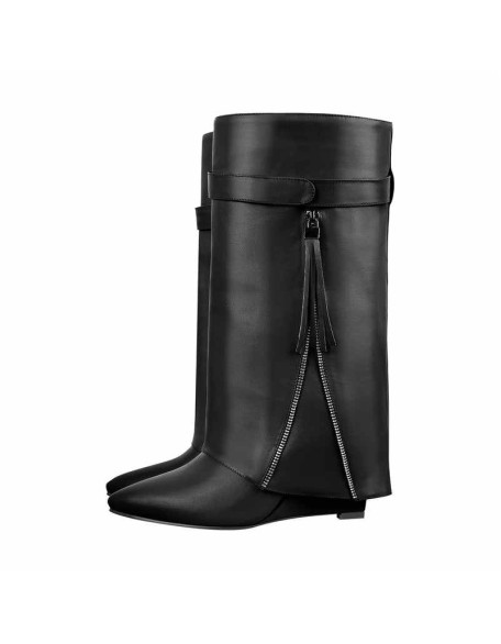 Pointed Toe Side Tassel Zipper Fold Over Boots