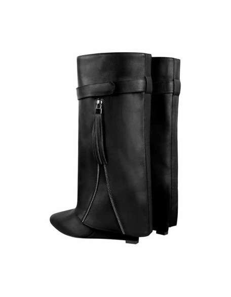 Pointed Toe Side Tassel Zipper Fold Over Boots