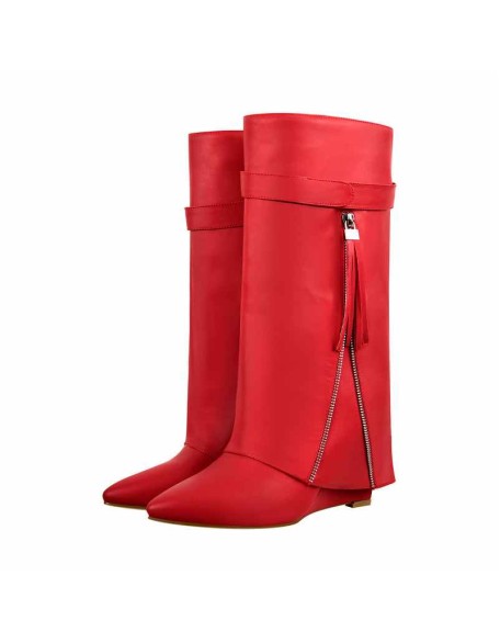 Pointed Toe Side Tassel Zipper Fold Over Boots