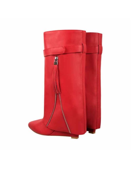 Pointed Toe Side Tassel Zipper Fold Over Boots