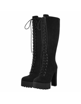 Platform Chunky Heels Lace up Knee High Boots