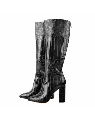 Pointed Toe Stone Pattern Chunky Boots