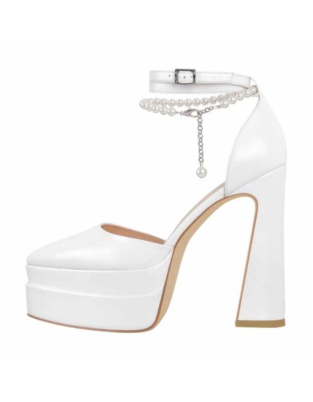 White Pointed Toe Platform Chunky Pumps