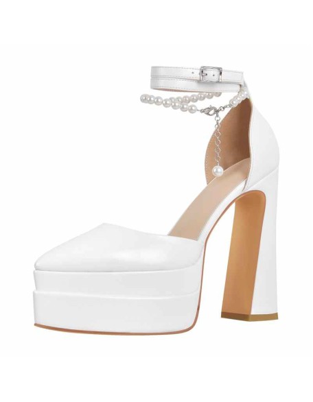 White Pointed Toe Platform Chunky Pumps