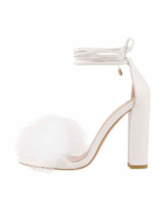Fluffy Feather Chunky High Heel Sandals